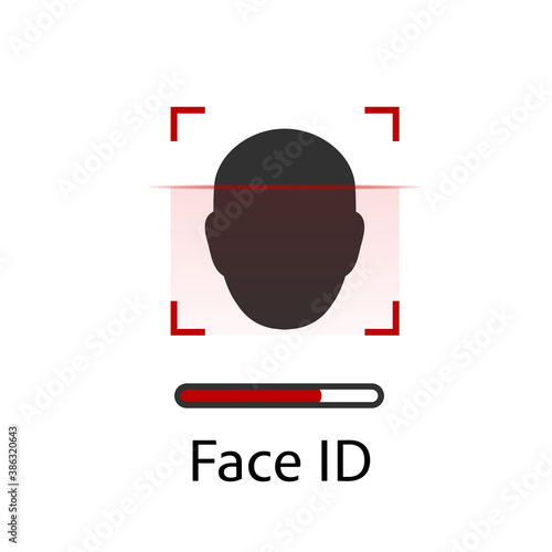 Facial recognition concept. Face ID, face recognition system. Hand holding smartphone with human head and scanning app on screen. Modern application. Flat design graphic elements. Vector illustration