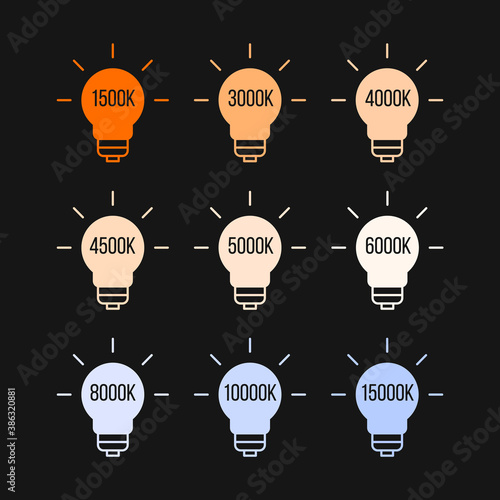Kelvin colour temperatures of different light bulbs. Stock vector illustration isolated on white background.
