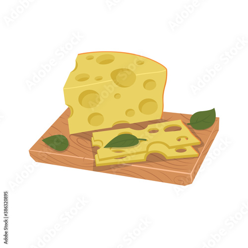 cartoon piece of cheese and sliced pieces on the board.