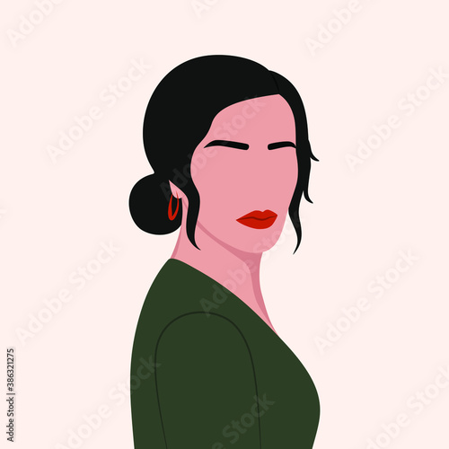Abstract female portrait. Hand drawn woman silhouette minimalist art poster in pastel colors. Fashion girl with red lips in contemporary style, vector illustration for social media