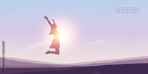 happy girl with raised arms jumps at sunshine vector illustration EPS10