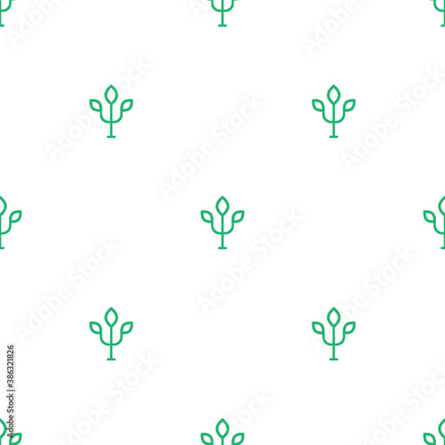 Blue Greek letter Psi with leaf seamless pattern on white background.