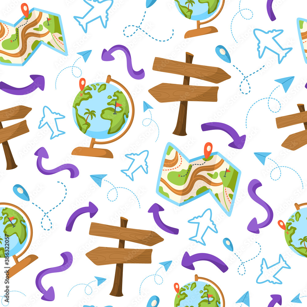 Travel seamless pattern cartoon, travel or vacation theme accessories ...