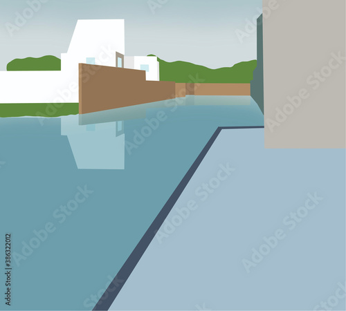 Flood natural disaster with house, damage with home, flooding water in city. Building in town underwater.