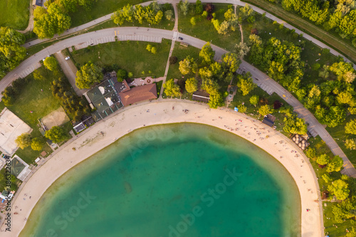 Aerial view of people enjoying a summer day at Jarun lake, Zagreb, Croatia.
