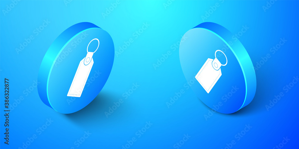 Isometric Rectangular key chain with ring for key icon isolated on blue background. Blue circle button. Vector. Isometric Rectangular key chain with ring for key icon isolated on blue background. Blue circle button. Vector.