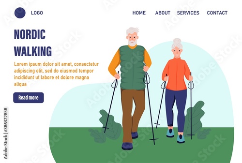 Nordic walking  happiness Landing page templates. Elderly couple walking in the Park. The concept of active old age. Day of the elderly. Flat vector illustration