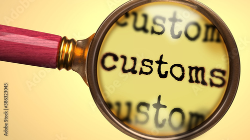 Examine and study customs, showed as a magnify glass and word customs to symbolize process of analyzing, exploring, learning and taking a closer look at customs, 3d illustration