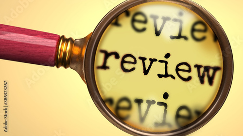 Foto Examine and study review, showed as a magnify glass and word review to symbolize