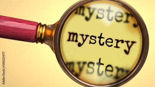Obraz na plátně Examine and study mystery, showed as a magnify glass and word mystery to symboli