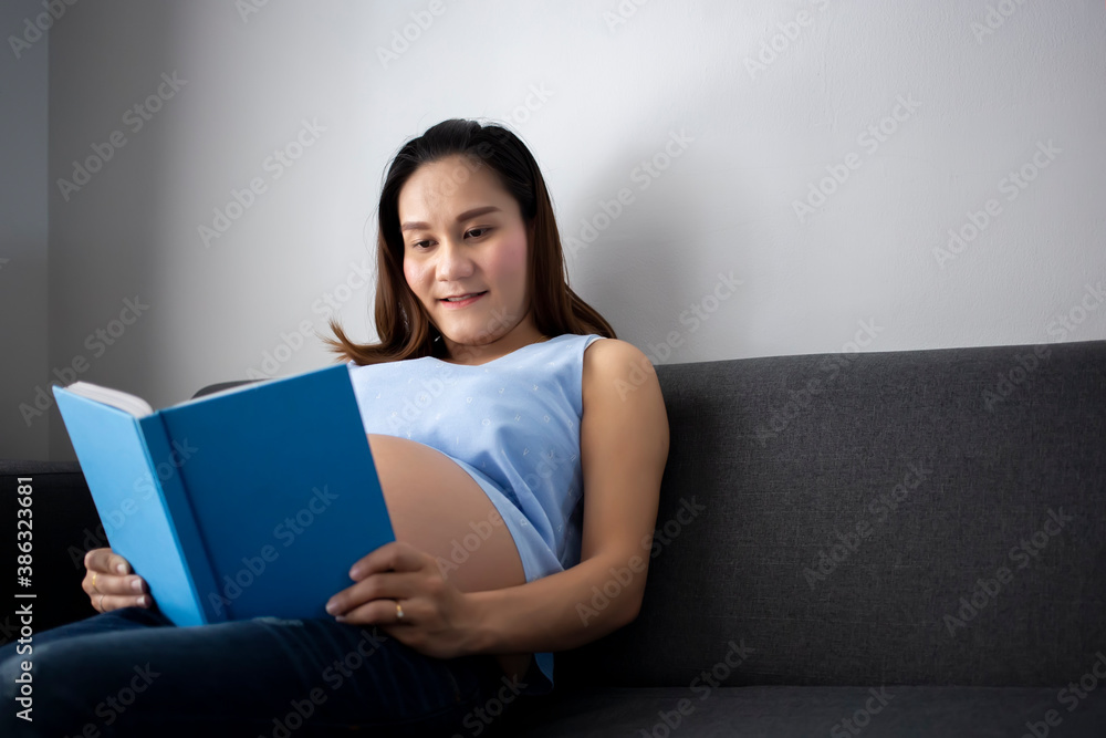 Asian pregnant woman reading book on the sofa at home. Asian pregnant woman reading book on the sofa at home.