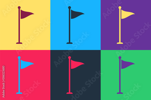 Pop art Golf flag icon isolated on color background. Golf equipment or accessory. Vector.