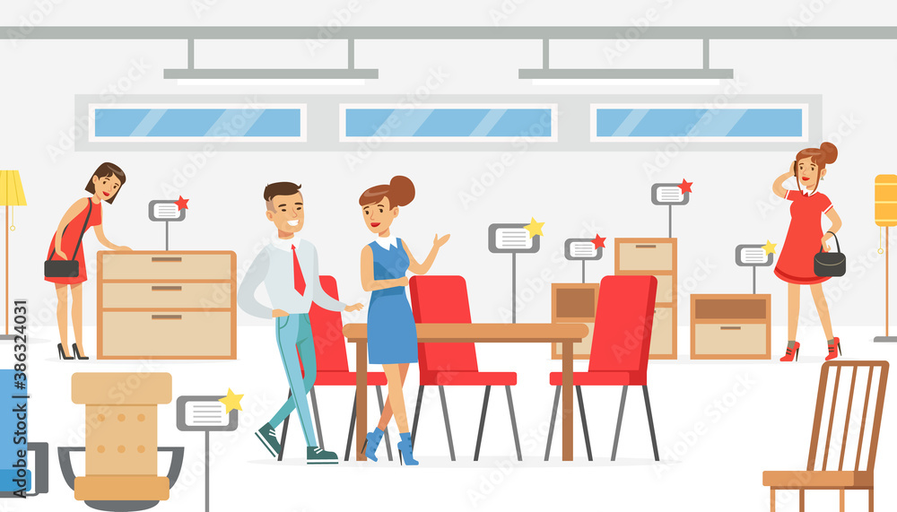 People Shopping in Furniture Store, Male Shop Assistant Helping Woman to Choose Dining Table and Chairs Vector Illustration People Shopping in Furniture Store, Male Shop Assistant Helping Woman to Choose Dining Table and Chairs Vector Illustration