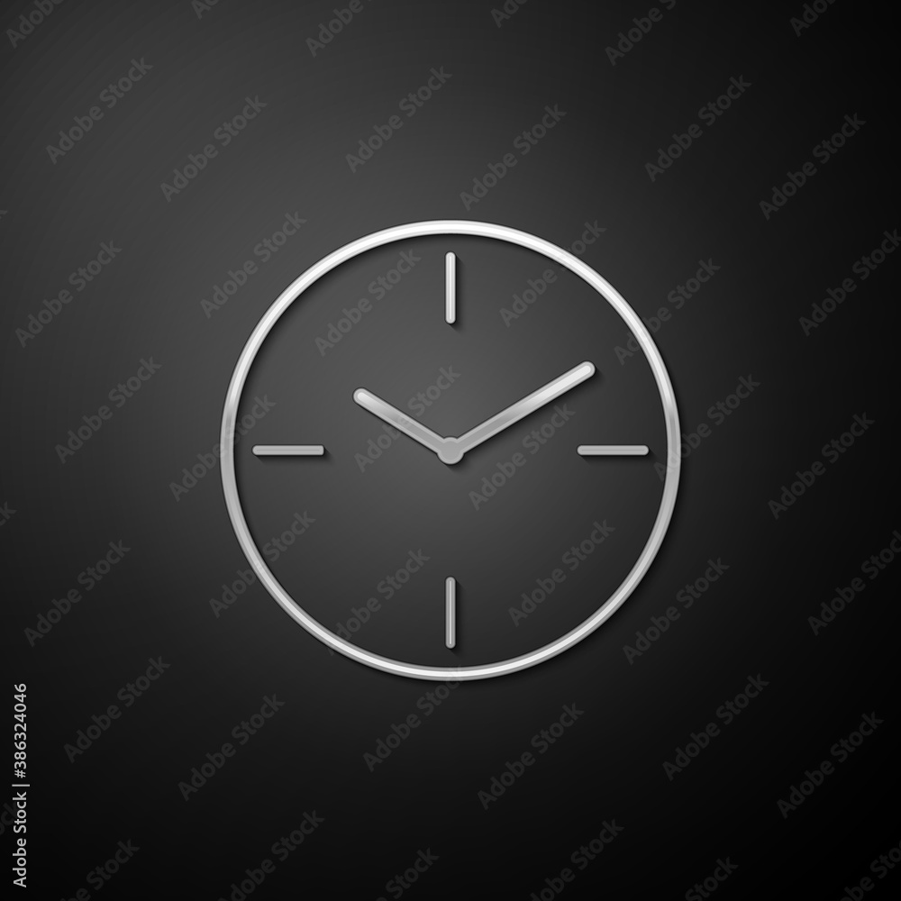 Silver Clock icon isolated on black background. Time symbol. Long shadow style. Vector. Silver Clock icon isolated on black background. Time symbol. Long shadow style. Vector.