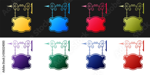 Set Vintage street signboard hanging on forged brackets icon isolated on black and white background. Suitable for advertisements bar, cafe, pub, restaurant. Vector.