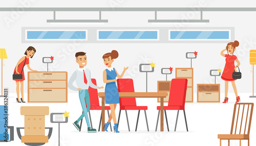People Shopping in Furniture Store, Male Shop Assistant Helping Woman to Choose Dining Table and Chairs Vector Illustration