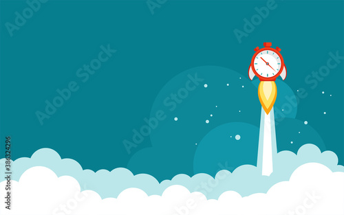 red stopwatch rocket ship with fire and sky with clouds. Fast time stop watch, limited offer, deadline symbol.