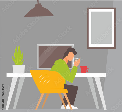 Male character coughing and sneezing at working space