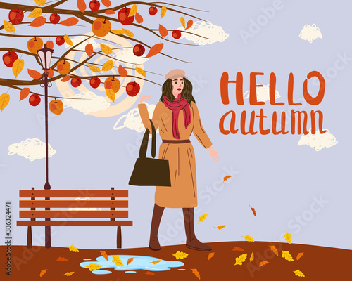 Young woman in the autumn park city, trendy clothes street fashionable style outwear female, fall mood. Lettering Hello Autumn. Trendy vector style