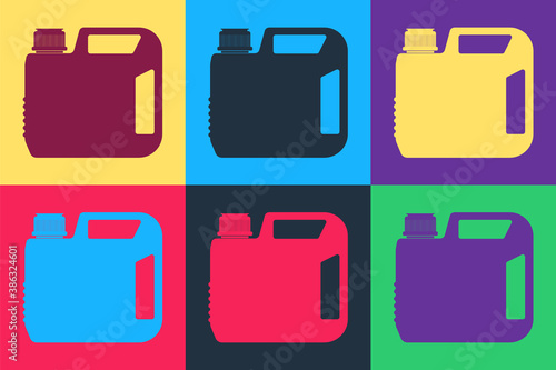 Pop art Plastic canister for motor machine oil icon isolated on color background. Oil gallon. Oil change service and repair. Engine oil sign. Vector.