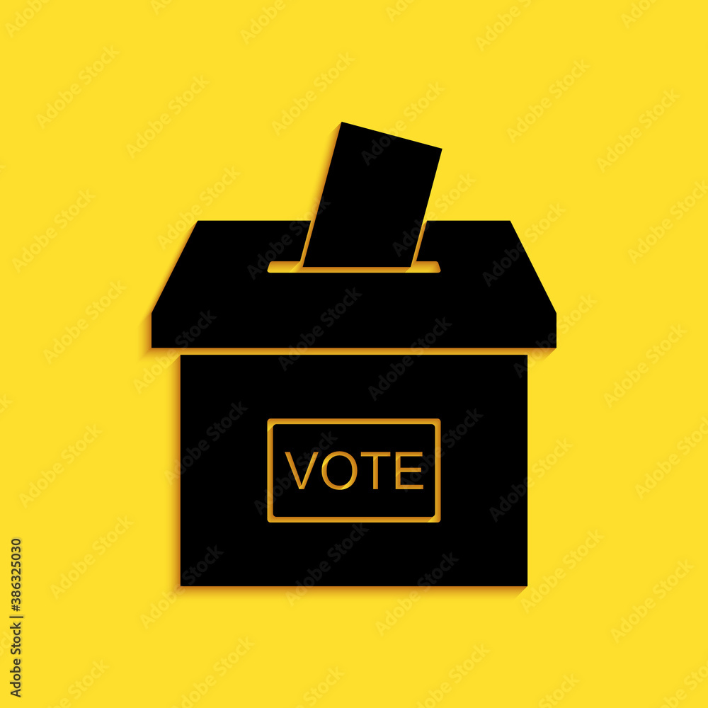 Black Vote box or ballot box with envelope icon isolated on yellow background. Long shadow style. Vector. Black Vote box or ballot box with envelope icon isolated on yellow background. Long shadow style. Vector.