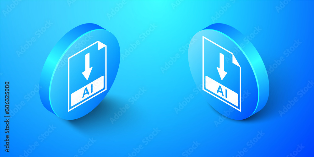 Isometric AI file document icon. Download AI button icon isolated on blue background. Blue circle button. Vector. Isometric AI file document icon. Download AI button icon isolated on blue background. Blue circle button. Vector.
