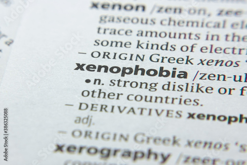 Word or phrase Xenophobia in a dictionary. photo