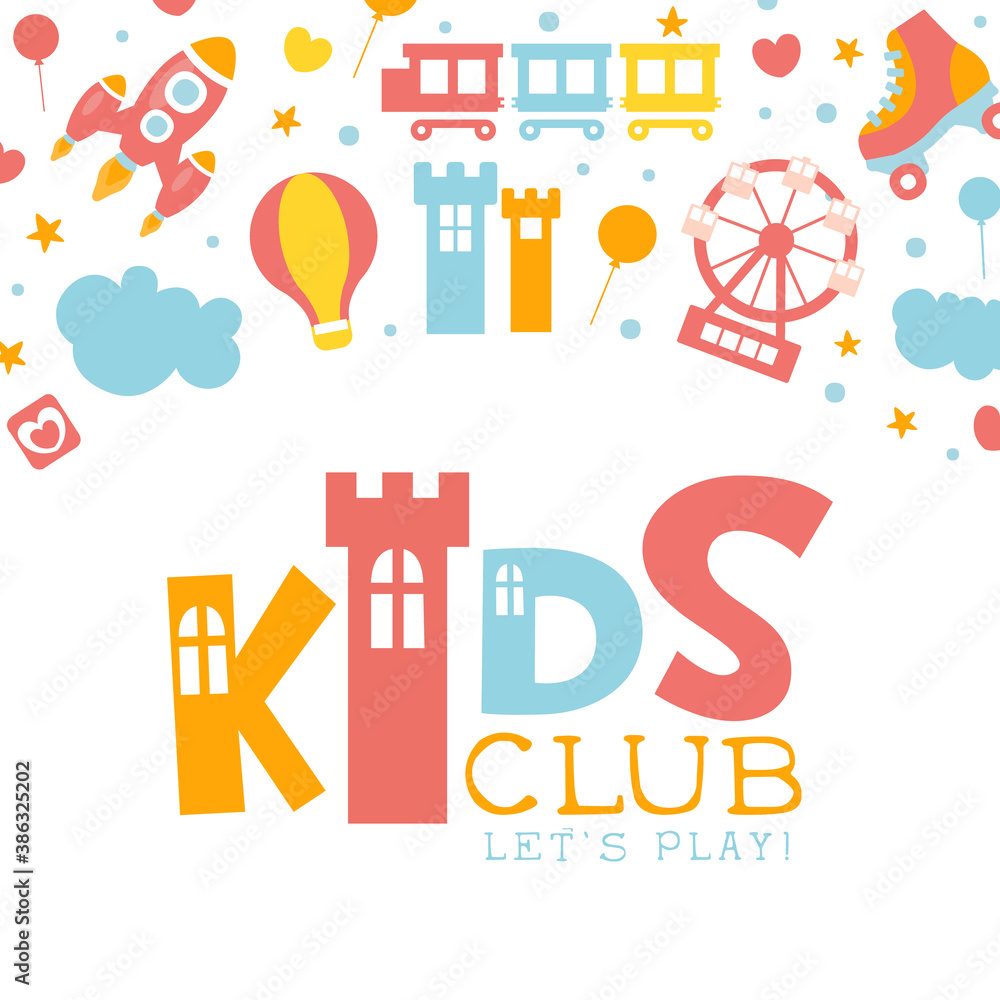 Kids Club Banner Template, Childrens Land, Entertainment Playground Promo Poster with Amusement Park Elements Seamless Pattern Cartoon Vector Illustration