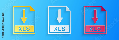 Paper cut XLS file document icon. Download XLS button icon isolated on blue background. Paper art style. Vector.