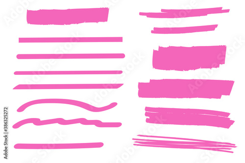 Pink brush marker lines. Stroke highlighted stripes. Vector illustration. Stock image.