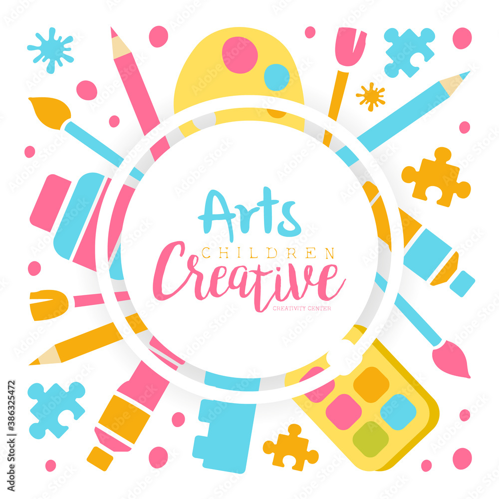 Arts Creative Banner Template, Kids Education, Art, Craft, Creativity Class, School Design Cartoon Vector Illustration