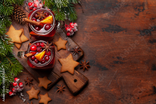 Tableau sur toile Christmas greeting card with cookies and mulled wine