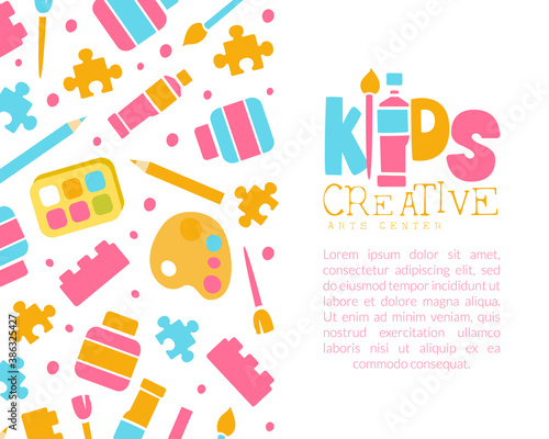 Creative Kids Banner Template with Space for Text, Education, Art, Craft, Creativity Class, School Design, Art Supplies Seamless Pattern Cartoon Vector Illustration