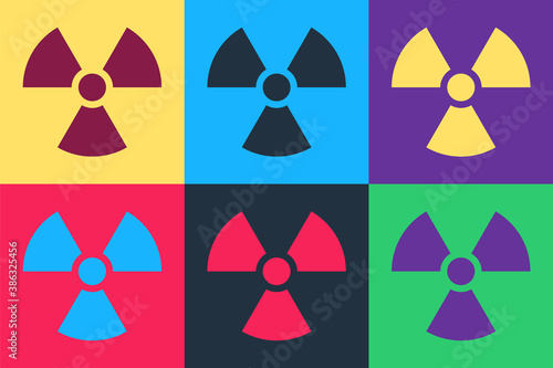 Pop art Radioactive icon isolated on color background. Radioactive toxic symbol. Radiation Hazard sign. Vector.