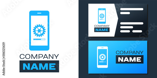 Logotype Smartphone update process with gearbox progress and loading bar icon isolated on white background. System software update and upgrade concept. Logo design template element. Vector.