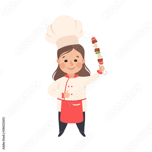 Cute Girl Chef Cook Holding Kebab on Skewer, Kid in Chef Uniform Cooking in Kitchen Cartoon Style Vector Illustration