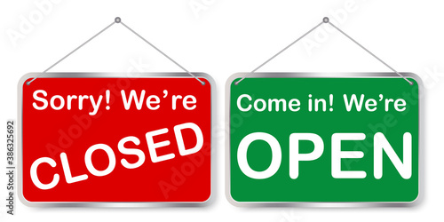 Open door sign. The store is open or closed. Vintage board on the door. Red and green sign. Vector illustration. Stock image.