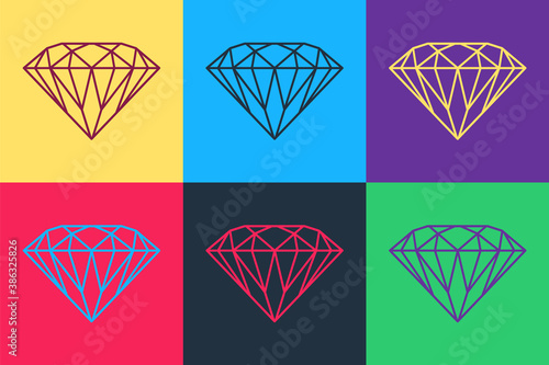 Pop art Diamond icon isolated on color background. Jewelry symbol. Gem stone. Vector.