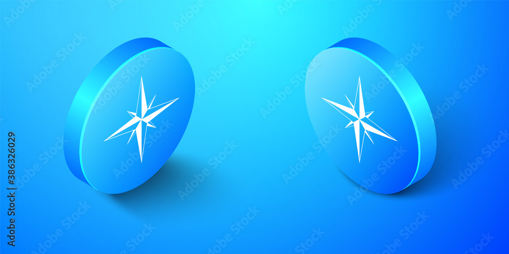 Isometric Wind rose icon isolated on blue background. Compass icon for travel. Navigation design. Blue circle button. Vector. Isometric Wind rose icon isolated on blue background. Compass icon for travel. Navigation design. Blue circle button. Vector.