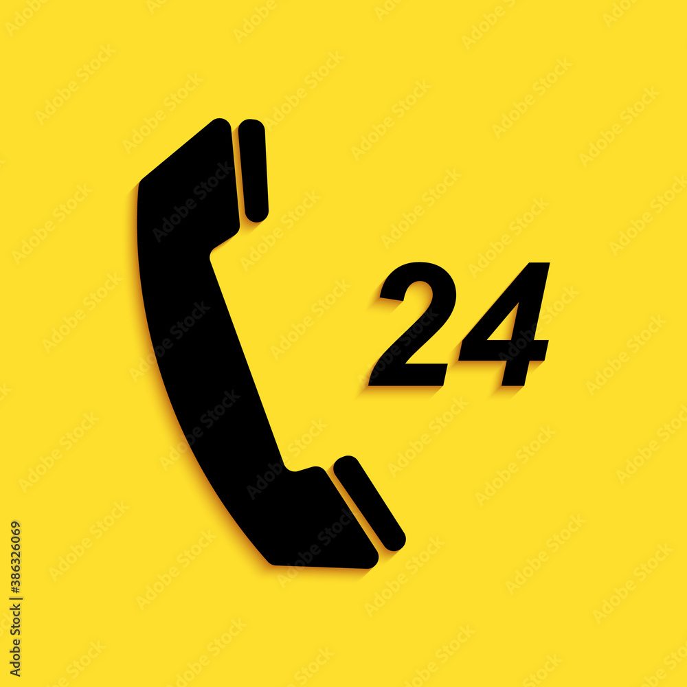Black Telephone 24 hours support icon isolated on yellow background. All-day customer support call-center. Long shadow style. Vector. Black Telephone 24 hours support icon isolated on yellow background. All-day customer support call-center. Long shadow style. Vector.
