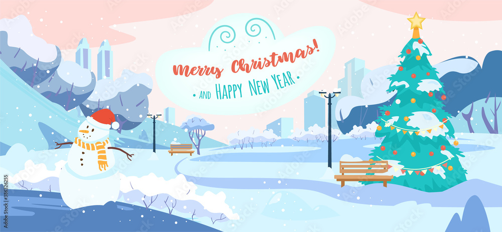 Winter Park Scenery With Snowman, City Silhouette, Christmas Tree, Snowy Trees, Bench. Merry Christmas And Happy New Year card. Flat Vector Illustration.