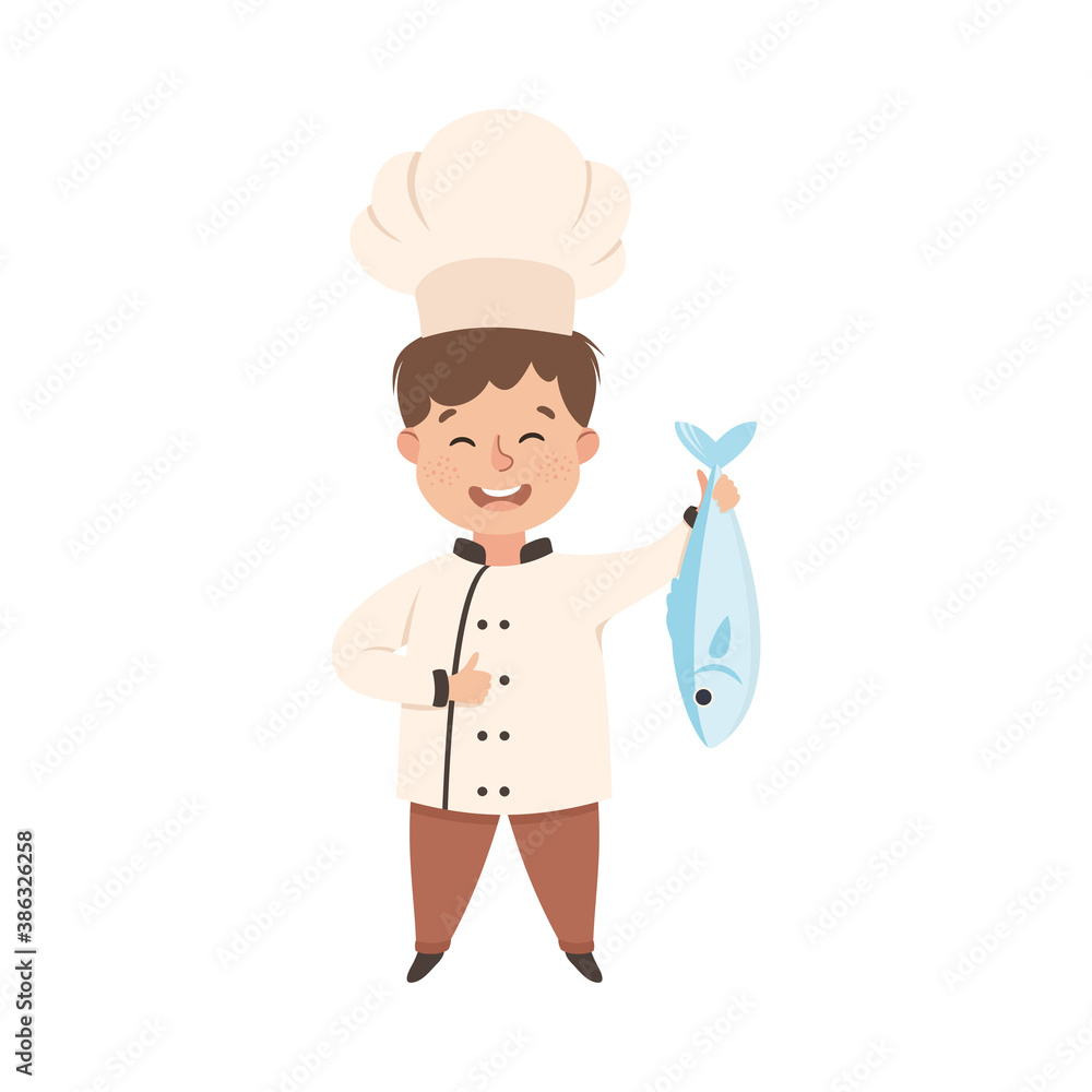 Cute Boy Chef Cooking Fresh Fish, Smiling Kid in Chef Uniform Cooking in Kitchen Cartoon Style Vector Illustration Cute Boy Chef Cooking Fresh Fish, Smiling Kid in Chef Uniform Cooking in Kitchen Cartoon Style Vector Illustration