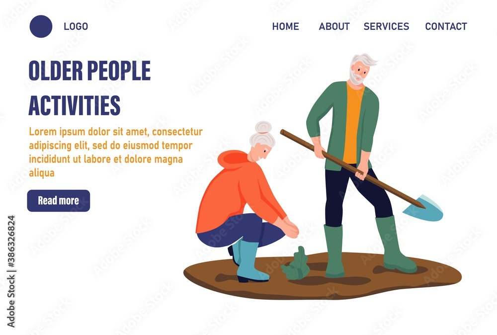 Older people activities page templates. An elderly couple working in the garden. The concept of active old age. Day of the elderly. Flat vector illustration
