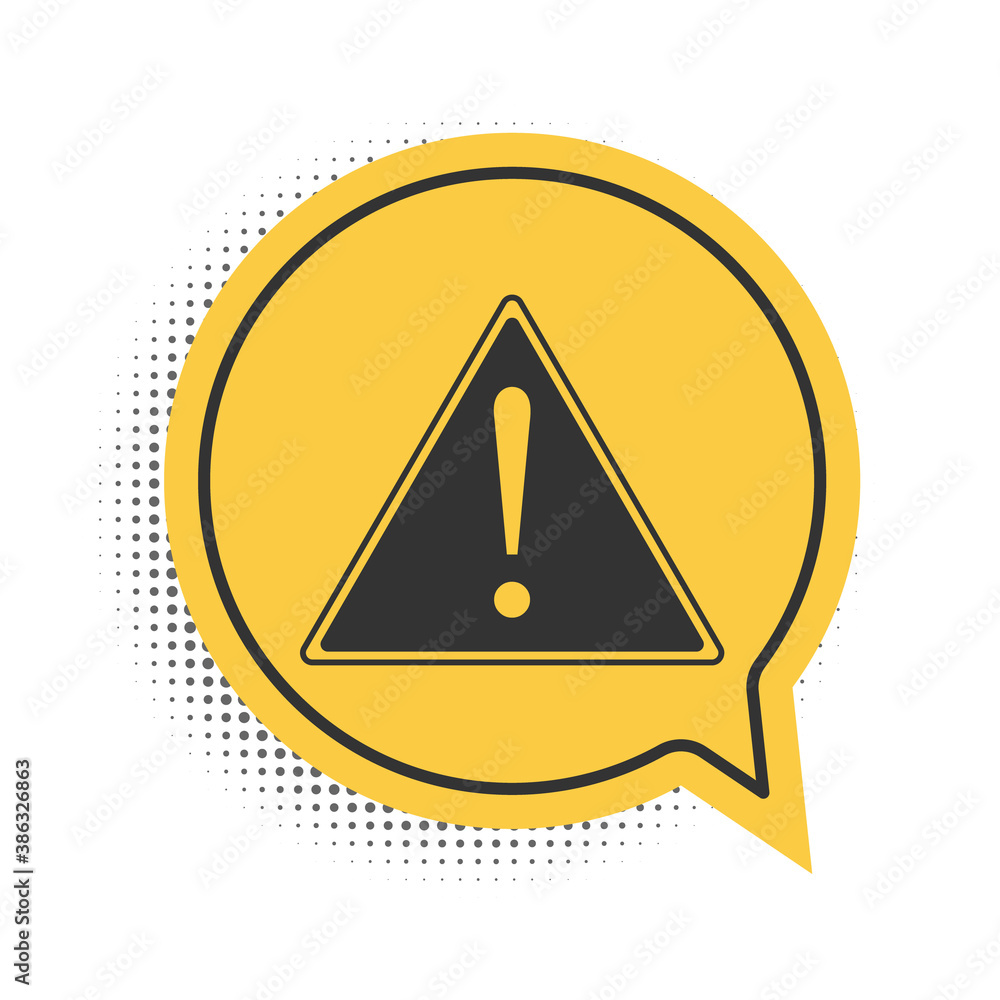 Black Exclamation mark in triangle icon isolated on white background. Hazard warning sign, careful, attention, danger warning important sign. Yellow speech bubble symbol. Vector. Black Exclamation mark in triangle icon isolated on white background. Hazard warning sign, careful, attention, danger warning important sign. Yellow speech bubble symbol. Vector.
