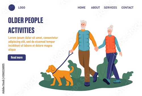 Older people activities page templates. An elderly couple walks their dog in the Park. The concept of active old age. Day of the elderly. Flat vector illustration