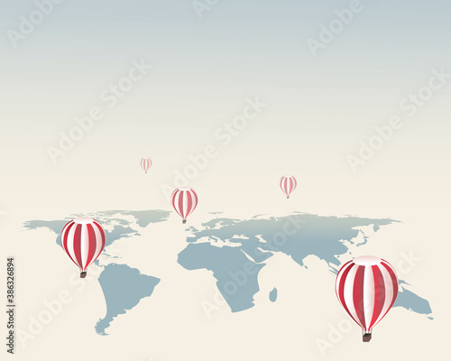 Illustration of hot air balloons on world map background. Traveling concept.
