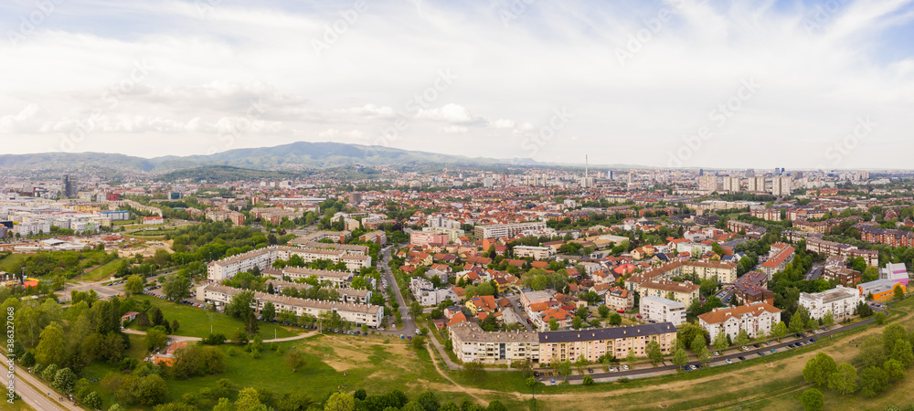 Panoramic aerial view of Zagreb cityscape during a cloudy day, Croatia.