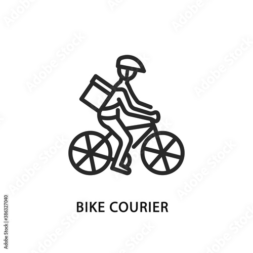 Food delivery bike flat line icon. Vector illustration bicycle courier with helmet and package product box.