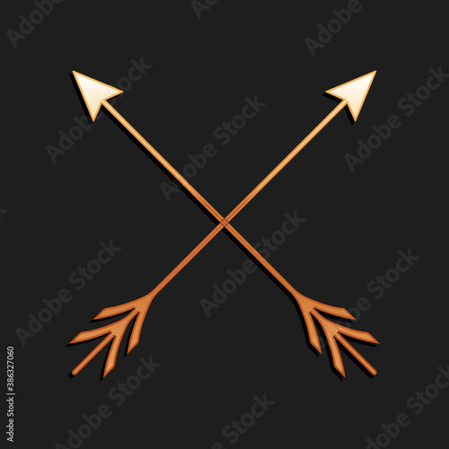 Gold Crossed arrows icon isolated on black background. Long shadow style. Vector.