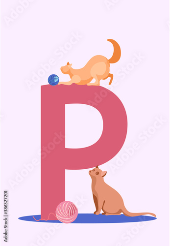 Cute kitten sitting on the letter of the English alphabet. Vector illustration with positivity domestic animals playing clew ball. Pet owners cute banner with cheerful cat. Elementary school concept